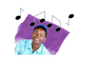 young man with eyes closed, cartoon musical notes are above his head. he looks happy