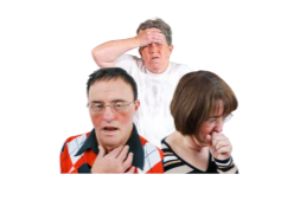 Three people. One holds head to suggest headache. One coughs, the third holds his throat.