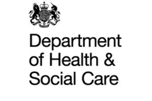 The crown with Department of Health and Social Care in black words on white background make up this logo.