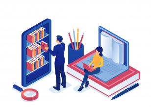 Cartoon images of people with books, at bookshelves and on laptops